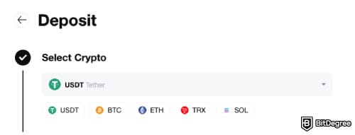 MEXC review: select crypto for deposit.