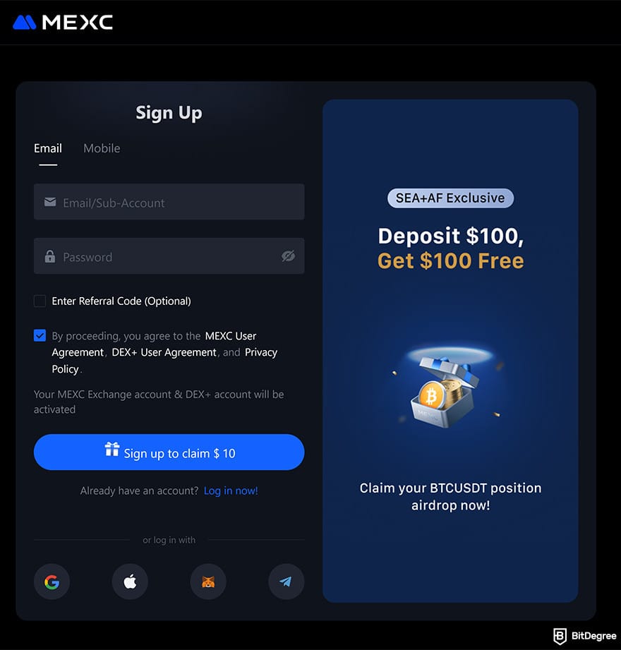 MEXC review: signup information.