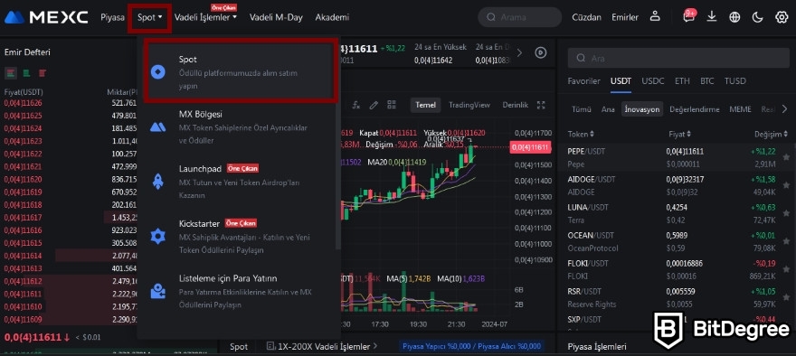 MEXC Güvenilir Mi: Spot ekranı.