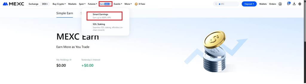 MEXC staking: the Smart Earnings option under the Earn menu on the MEXC website.