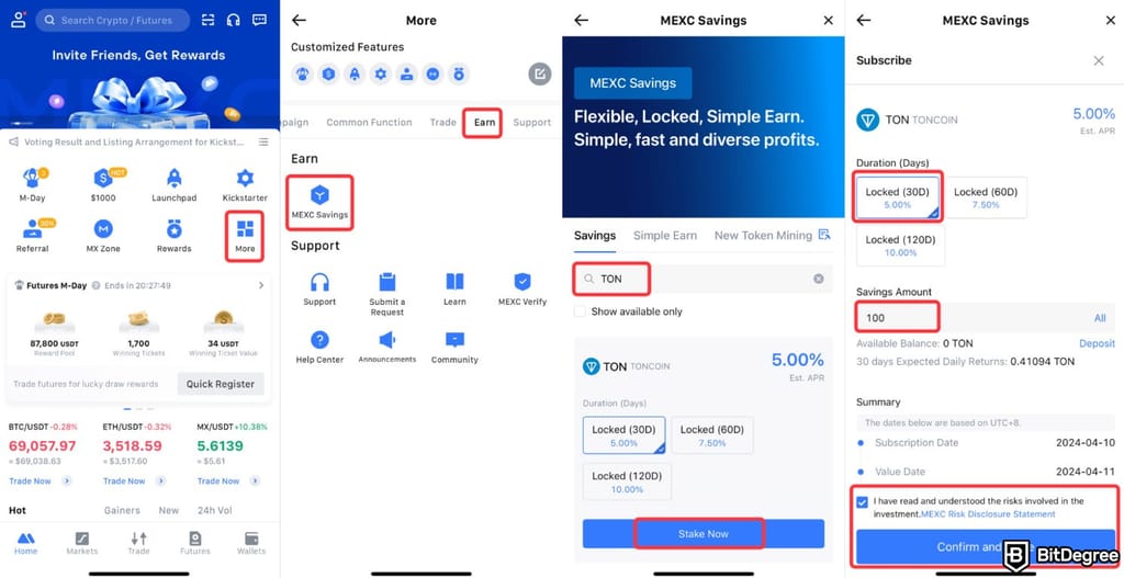 MEXC staking: the flow of staking on MEXC's mobile app.