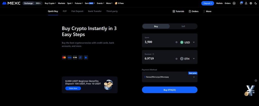 MEXC staking: buying ETH on MEXC through the Quick Buy/Sell option.
