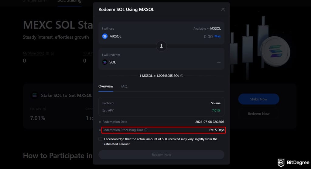 MEXC staking: redemption processing time highlighted.
