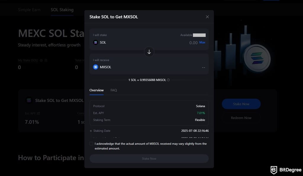 MEXC staking: entering SOL amount to stake the token on MEXC.
