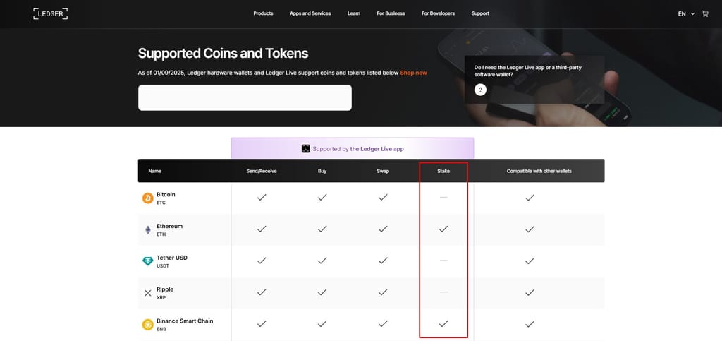 MEXC staking: a table showing available coins to stake on Ledger.