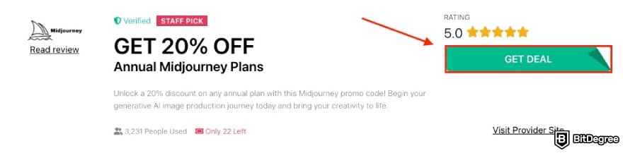 Midjourney promo code: red arrow pointing to the GET DEAL button.