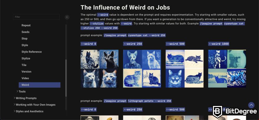 Midjourney review: influence of Weird in jobs.