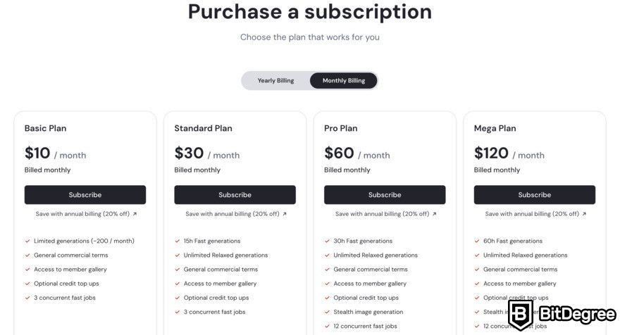 Midjourney review: pricing page.