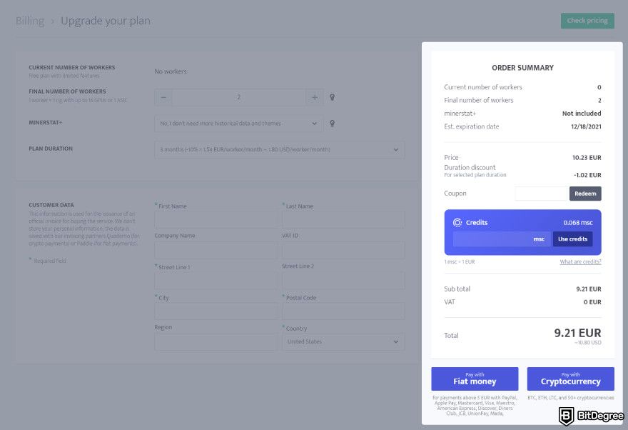 Minerstat review: order summary.