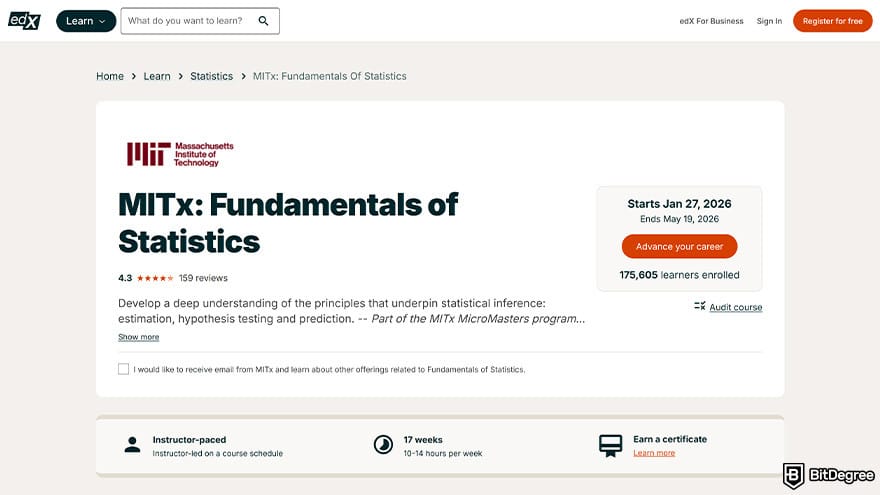 MIT data science certificate: MITx fundamentals of statistics.