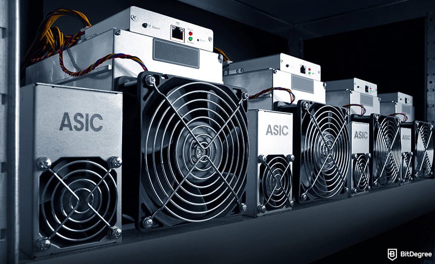 Monero mining: ASIC miners lined up in a row.