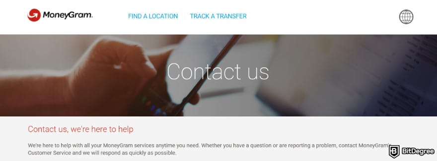MoneyGram review: the Contact Us page on MoneyGram.