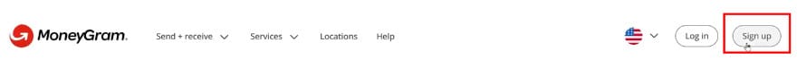 MoneyGram review: the [Sign up] button at the top-right corner.
