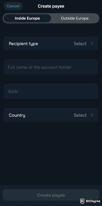 Monzo review: a page to enter a payee's details.
