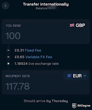 Monzo review: a transfer page, displaying the amount fields and currency options.