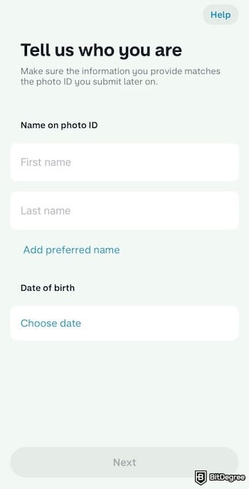 Monzo review: fields to enter the user's name and date of birth.