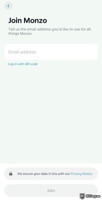 Monzo review: the [Join Monzo] page, showing a field to enter an email address.