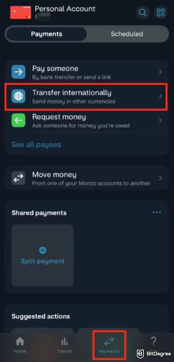 Monzo review: the [Transfer Internationally] and payments icon on Monzo's app outlined.