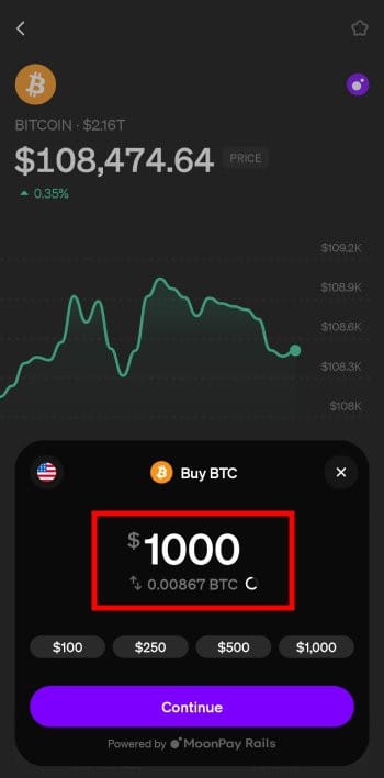 MoonPay review: the BTC buy page on MoonPay app with the amount highlighted.