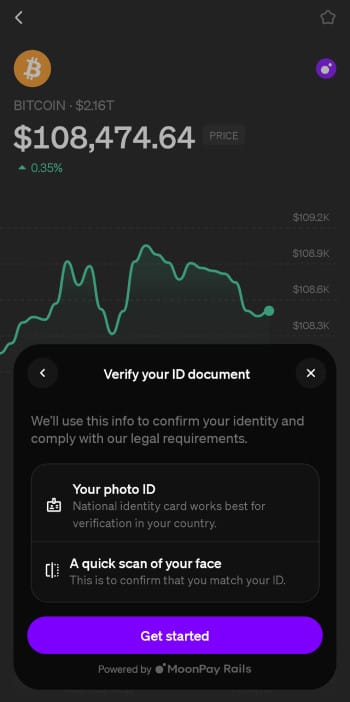 MoonPay review: the ID verification step when purchasing crypto on the MoonPay app.