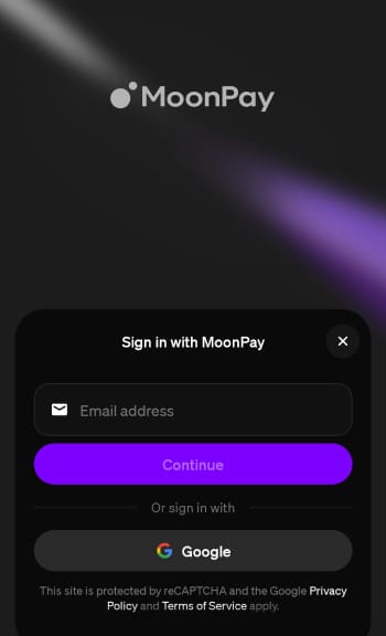MoonPay review: the form to enter email address on the MoonPay app.