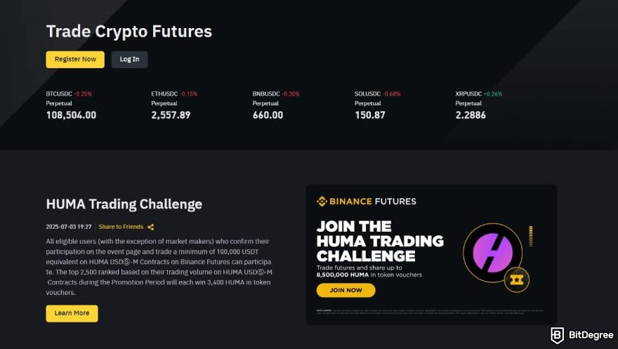 MoonPay review: Binance Futures page.