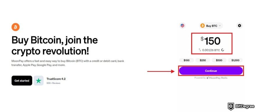 MoonPay review: the buy crypto page on MoonPay.