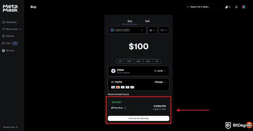 MoonPay review: the buy crypto page on MetaMask web using MoonPay as the payment gateway.