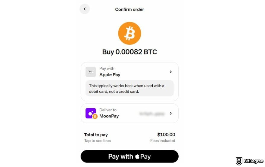 MoonPay review: the confirmation page when buying crypto on MoonPay.