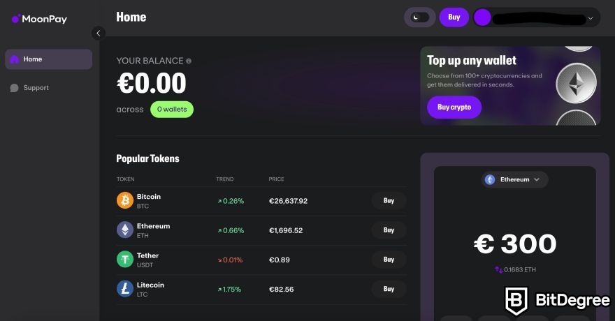 MoonPay review: dashboard.