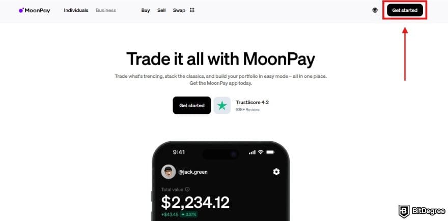MoonPay review: MoonPay homepage with the Get Started button highlighted.