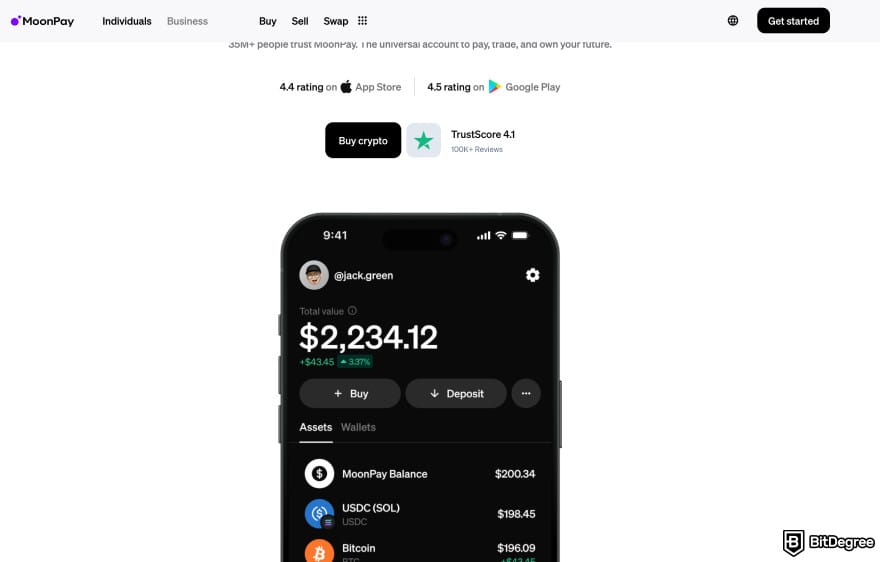 MoonPay review: MoonPay app interface.