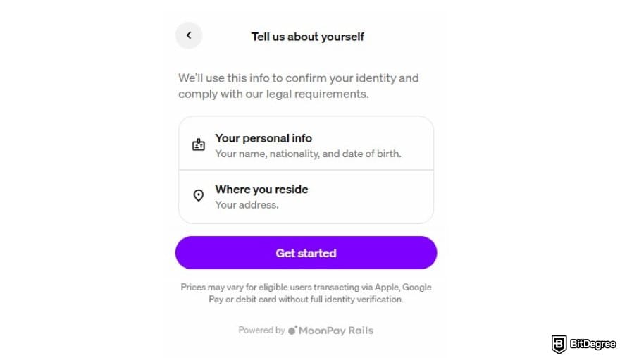 MoonPay review: the KYC step when creating a new MoonPay account.