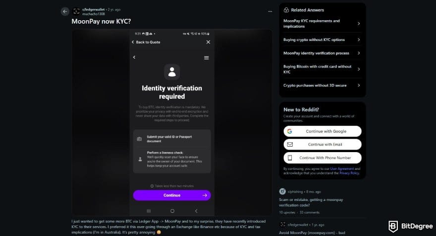 MoonPay review: a post on r/ledgerwallet sub-reddit complaining about MoonPay KYC.