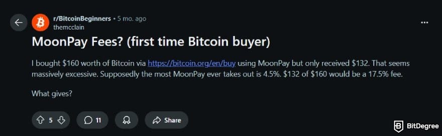 MoonPay review: a post on r/BitcoinBeginners sub-reddit complaining about MoonPay fees.