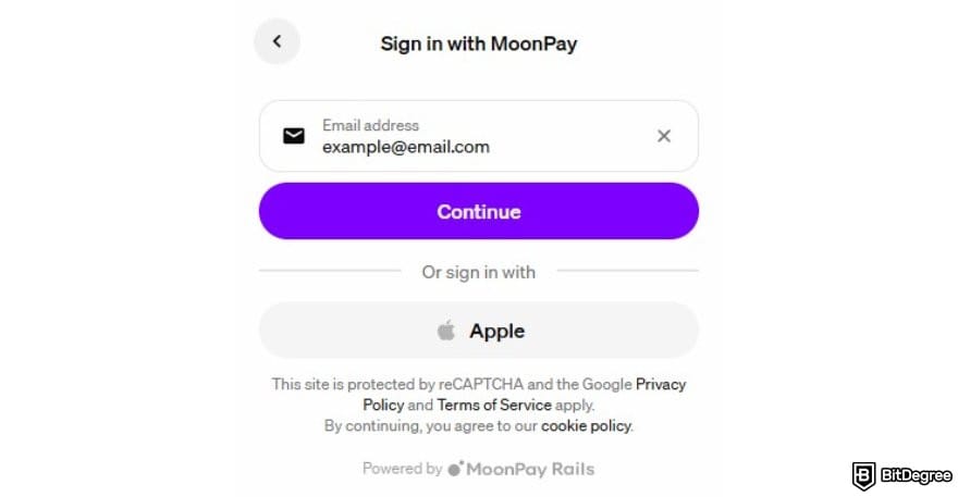 MoonPay review: the sign in page on MoonPay.