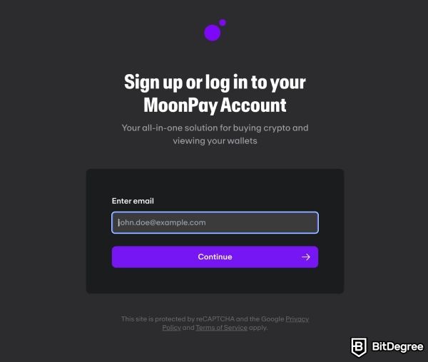 MoonPay review: signing up on your MoonPay account.