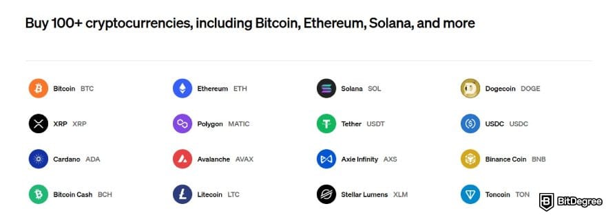 MoonPay review: a list of some supported cryptocurrencies on MoonPay.