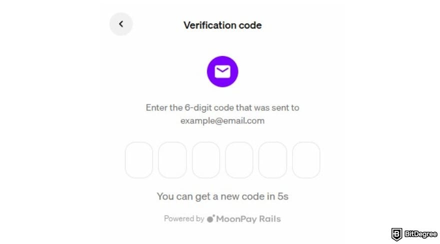 MoonPay review: the page to enter MoonPay verification code when creating a new account.