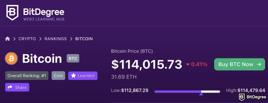 Most asked crypto questions: BitCoin's price showcased on BitDegree's crypto coin tracker.