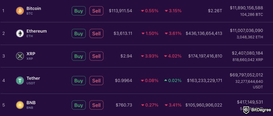 Most asked crypto questions: top ranking coins listed out on BitDegree's tracker.