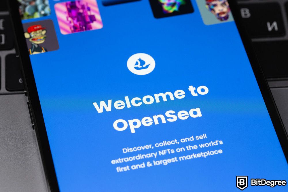 Most expensive NFT: OpenSea mobile app logo on the smartphone's screen.