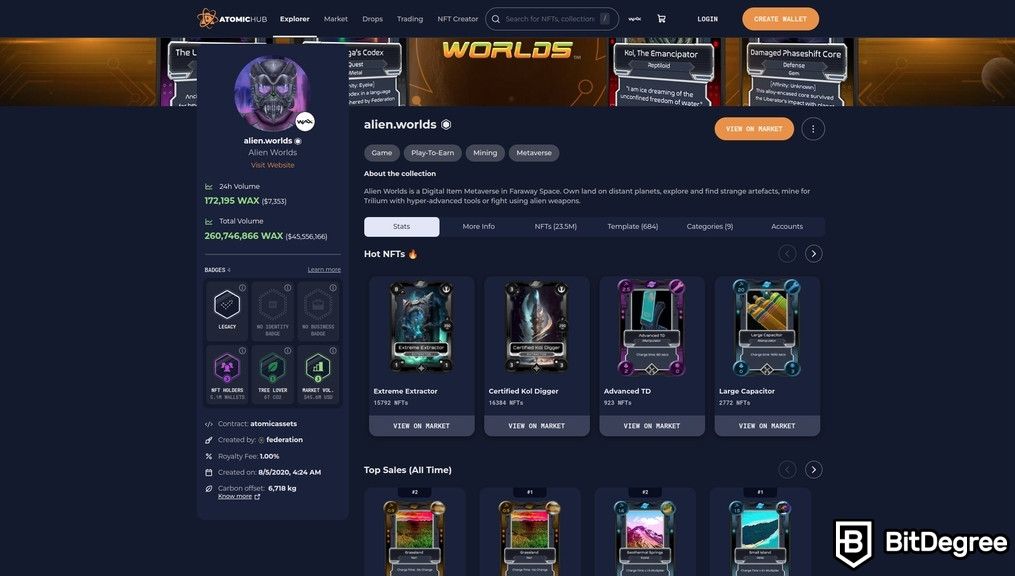 Most popular NFTs: Alien Worlds NFTs on the AtomicHub marketplace.