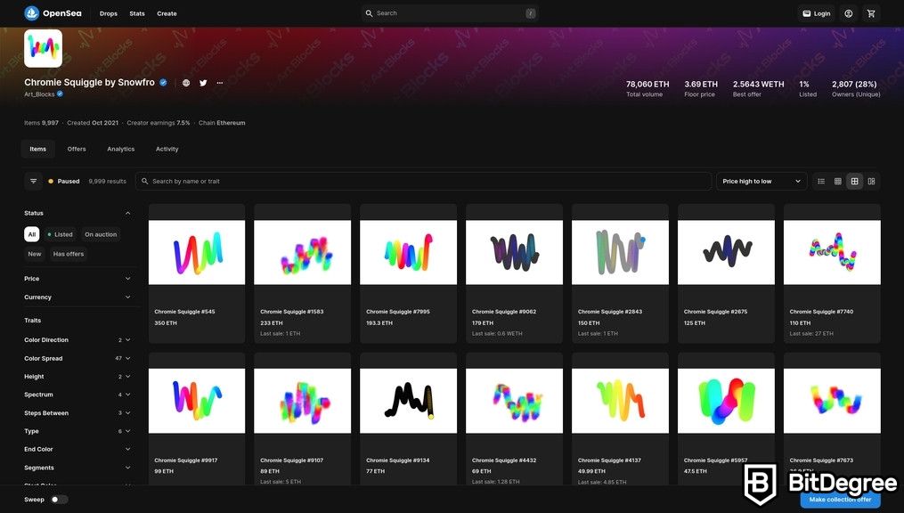 Most popular NFTs: Chromie Squiggle NFTs on the OpenSea marketplace.