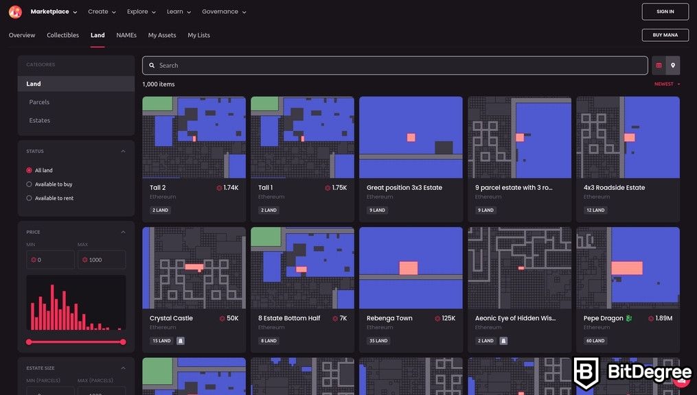 NFT phổ biến nhất: Bộ sưu tập đất đai của Decentraland trên thị trường của họ.