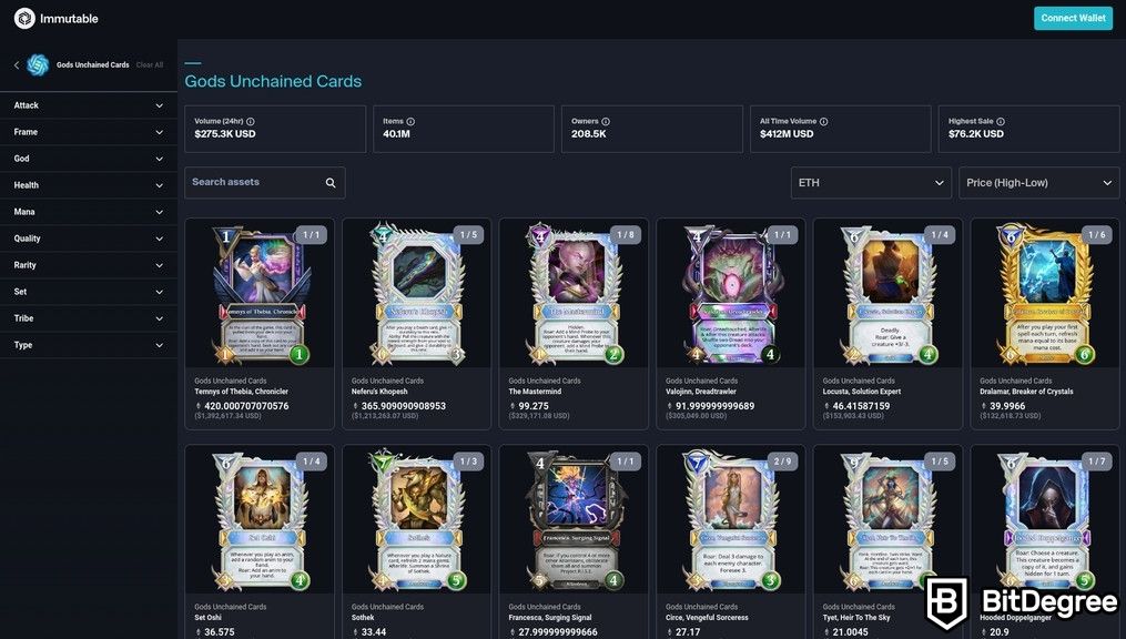 Most popular NFTs: a gallery Gods Unchained Cards on the Immutable marketplace.