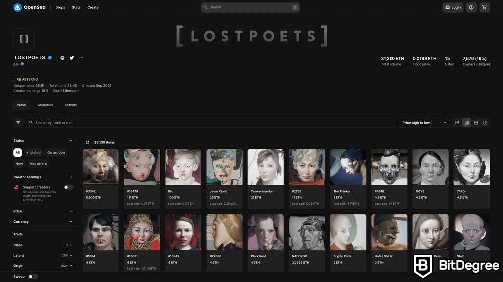 Most Popular NFTs: a list of Lost Poets NFTs on OpenSea.