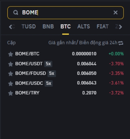 Mua BOOK OF MEME coin ở đâu: Tìm kiếm cặp BOME/USDT trên thanh tìm kiếm.