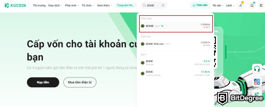 Mua BOOK OF MEME coin ở đâu: Chọn cặp BOME/USDT trên KuCoin giao ngay.