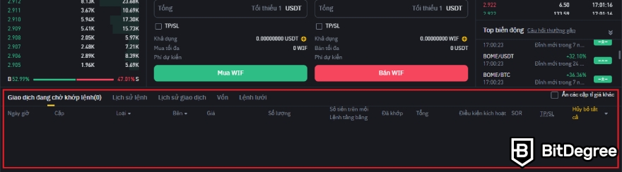 Mua WIF coin như thế nào: Lịch sử lệnh trên Binance.